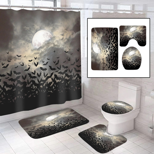 Halloween 4-Piece Bathroom Set Full Moon Bats Shower Curtain Rugs & Toilet Cover