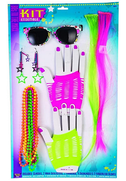 80's Retro Kit Gloves Necklace Earrings Sunglasses Neon Hair Extension Accessory