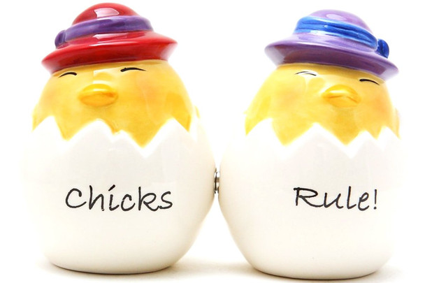 Chicks Rule Salt & Pepper Shakers Magnetic Ceramic Set Baby Chickens Eggs New