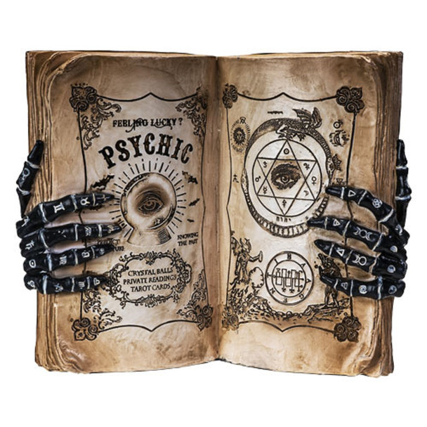 Grimoire Psychic Book with Skeleton Palmistry Hands Gothic Statue Figurine
