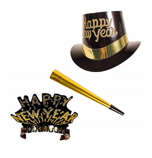 Gold Dust Black Happy New Year Party Supply Kit Top Hats Tiaras Horns For 10