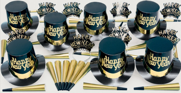 Gold Dust Black Happy New Year Party Supply Kit Top Hats Tiaras Horns For 50