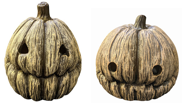 Set of 2 Aged Jack O'Lantern Heads Rotted Pumpkins Resin Halloween Decoration