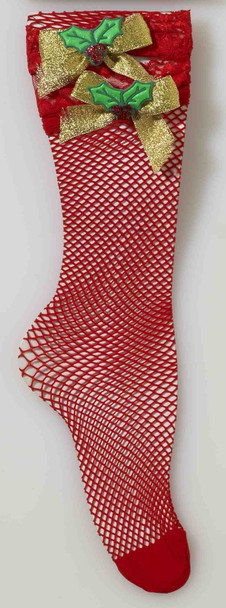 Red Fishnet Socks with Mistletoe Womens Christmas Hosiery Costume Accessory Xmas