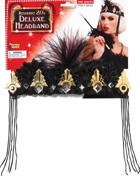 Flapper Headband Gold Black Ostrich Feather Gems Women Sequin Costume Accessory