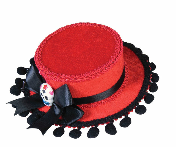 Mini Red Velvet Day Of The Dead Top Hat Costume Accessory Skull Black Pompoms