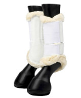 LeMieux fleece edged mesh brushing boots in white with natural coloured fleece.