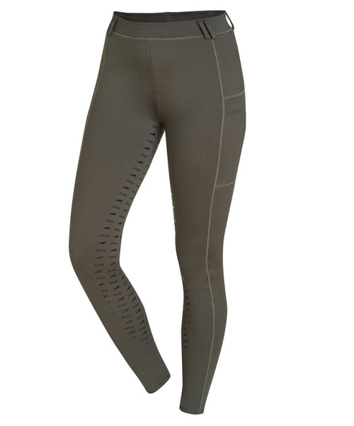 Front view of New Pocket Riding Tights in Olive.