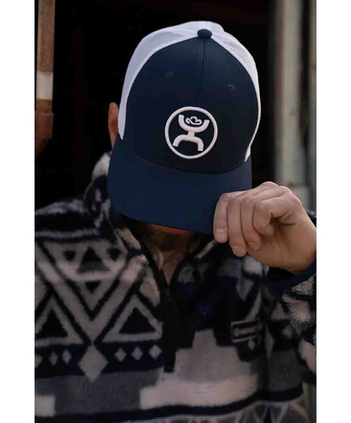 Hooey "O Classic" Trucker Ball Cap, Navy/White, lifestyle.