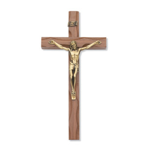 10 in. Carved Walnut Stain Crucifix with Gold Corpus - Gift Boxed 10 in. Carved Walnut Stain Crucifix with Gold Corpus - Gift Boxed