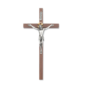 10 in. Thin Walnut Stain Crucifix with Two Tone Corpus - Gift Boxed 10 in. Thin Walnut Stain Crucifix with Two Tone Corpus - Gift Boxed