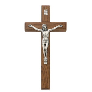 8 in. Beveled Walnut Stain Crucifix with Silver Corpus - Gift Boxed 8 in. Beveled Walnut Stain Crucifix with Silver Corpus - Gift Boxed