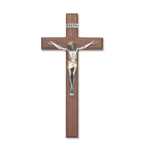 10 in. Walnut Stain Crucifix with Two Tone Corpus - Gift Boxed 10 in. Walnut Stain Crucifix with Two Tone Corpus - Gift Boxed