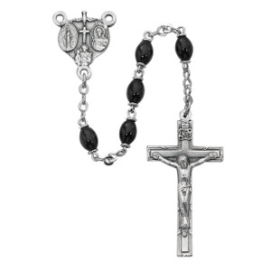 Black Glass Oval Rosary Silver Oxidized - Gift Boxed Black Glass Oval Rosary Silver Oxidized - Gift Boxed