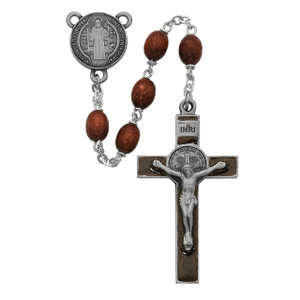 6x8mm Brown Wood St Benedict Rosary Pewter - Gift Boxed 6x8mm Brown Wood St Benedict Rosary Pewter - Gift Boxed