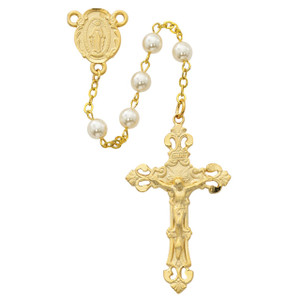 6mm Pearl-like Glass Rosary Gold Plated - Gift Boxed 6mm Pearl-like Glass Rosary Gold Plated - Gift Boxed