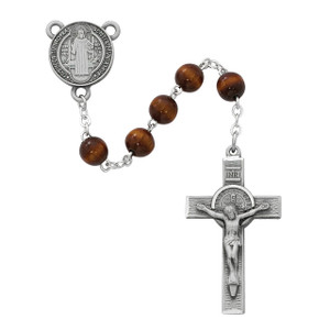 7mm Brown Wood St Benedict Rosary Pewter - Gift Boxed 7mm Brown Wood St Benedict Rosary Pewter - Gift Boxed