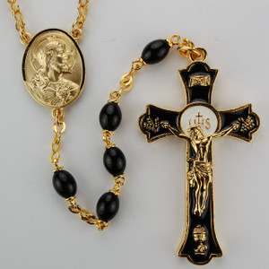 4x6mm Black Holy Mass Crucifix Rosary Gold Plated Enameled - Gift Boxed 4x6mm Black Holy Mass Crucifix Rosary Gold Plated Enameled - Gift Boxed