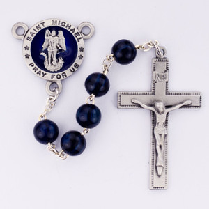 8mm Blue Wood St Michael Rosary Pewter Epoxy - Gift Boxed 8mm Blue Wood St Michael Rosary Pewter Epoxy - Gift Boxed