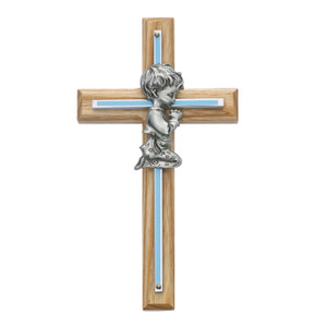 7in Oak with Blue Baby Boy Praying Cross - Gift Boxed 7in Oak with Blue Baby Boy Praying Cross - Gift Boxed