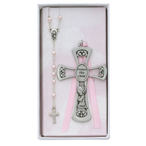 Baby Girl Crib Cross and Rosary Set - Gift Boxed Baby Girl Crib Cross and Rosary Set - Gift Boxed