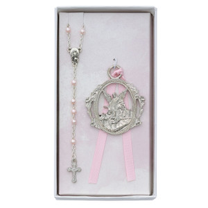Angel Crib Medal and Pink Rosary Set - Gift Boxed Angel Crib Medal and Pink Rosary Set - Gift Boxed