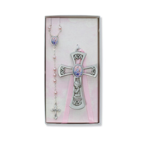 Crib Cross and Pink Rosary Set - Gift Boxed Crib Cross and Pink Rosary Set - Gift Boxed