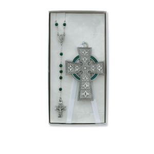 Celtic Crib Cross and Green Glass Rosary Set - Gift Boxed
