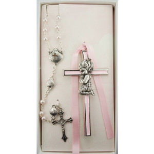 Pink Praying Girl Crib Cross and Pink Shell Rosary Set - Gift Boxed