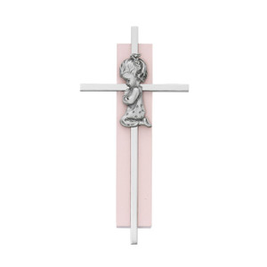 6in Pink Wood Praying Girl on Silver Cross - Gift Boxed 6in Pink Wood Praying Girl on Silver Cross - Gift Boxed