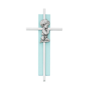 6in Blue Wood Praying Boy on Silver Cross - Gift Boxed 6in Blue Wood Praying Boy on Silver Cross - Gift Boxed