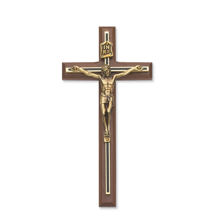 8 in. Walnut Stain Crucifix with Black & Gold Overlay - Gift Boxed