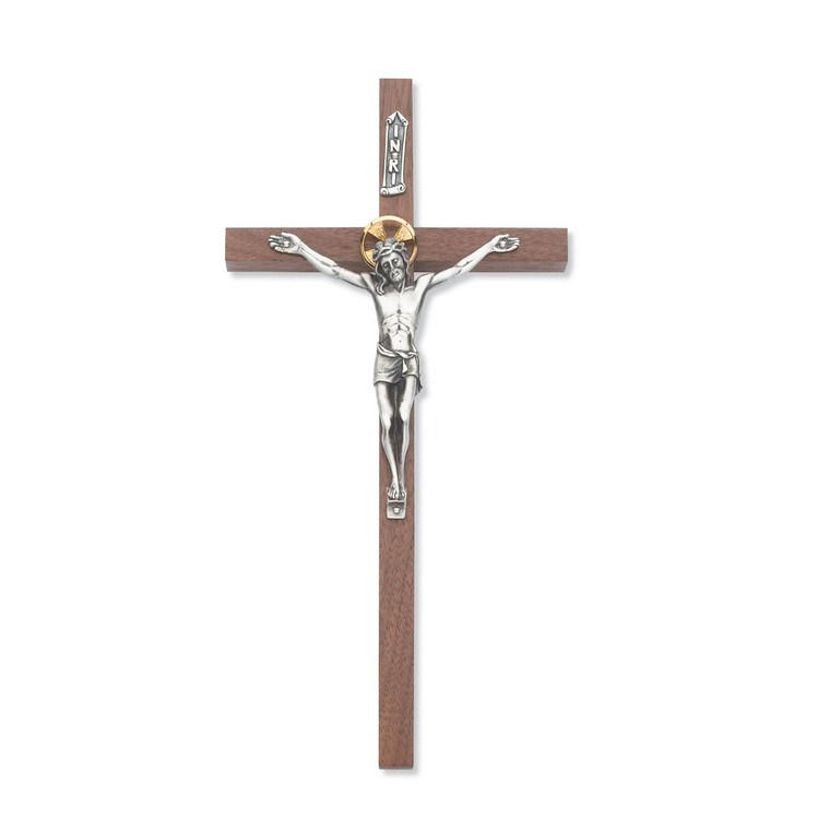 10 in. Thin Walnut Stain Crucifix with Two Tone Corpus - Gift Boxed