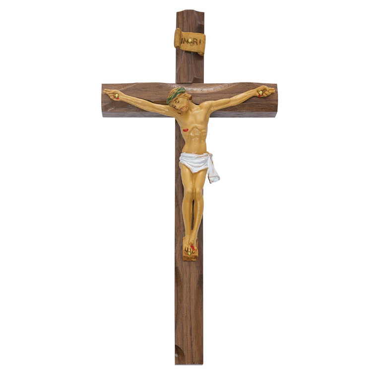 10 in. Walnut Stain Crucifix with Resin Corpus - Gift Boxed