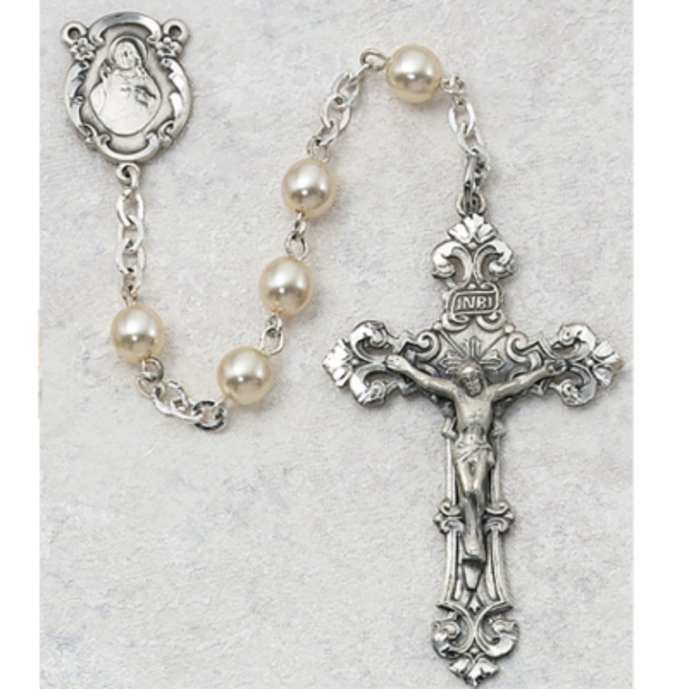 Pearl like Glass Rosary Sterling Silver - Gift Boxed