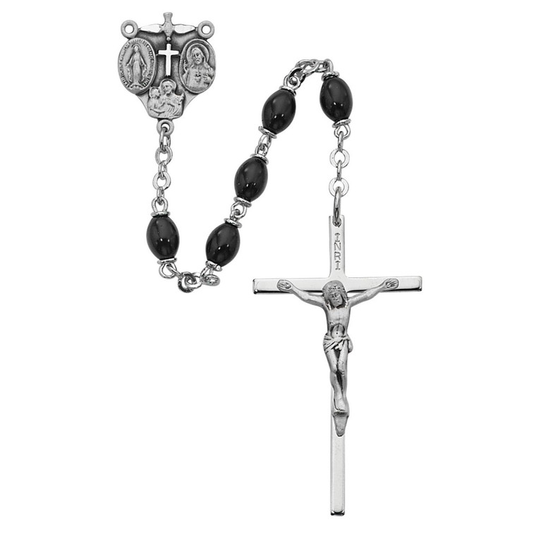 Black Glass Oval Rosary Sterling Silver - Gift Boxed