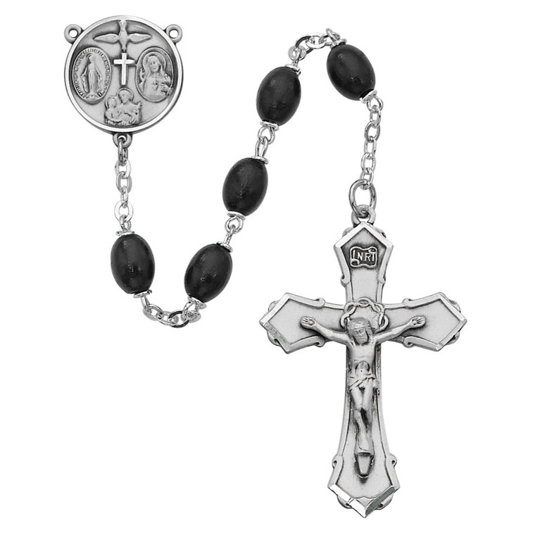 6x8mm Black Wood Rosary Sterling Silver - Gift Boxed