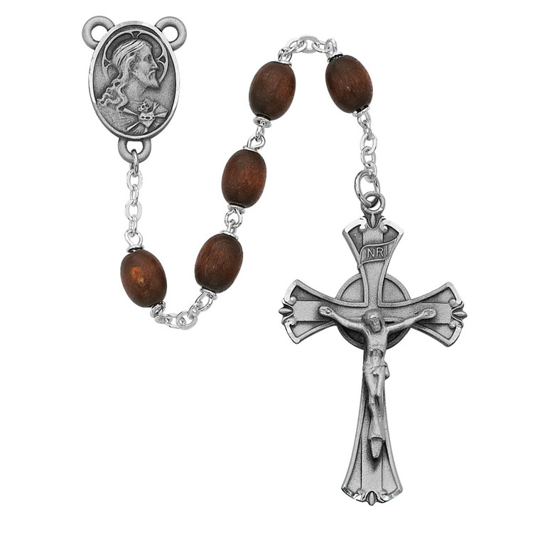 6x8mm Brown Wood Rosary Pewter - Gift Boxed
