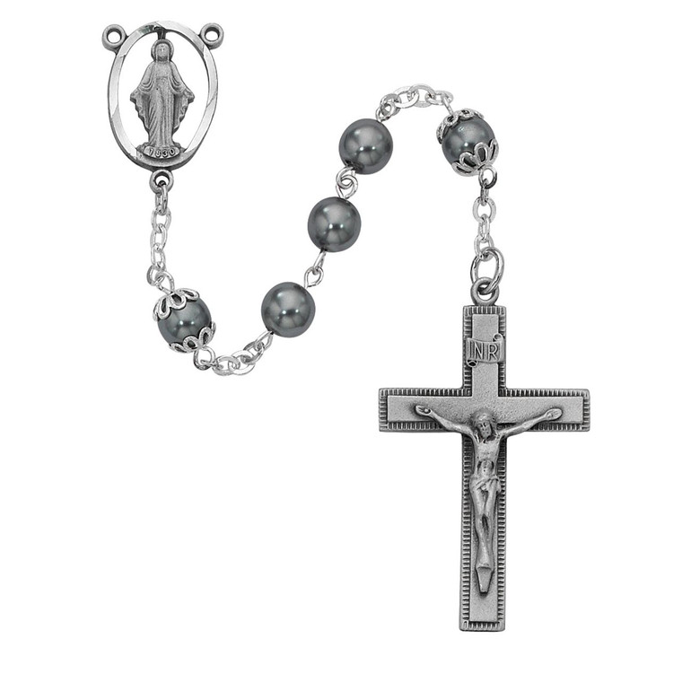 7mm Imitation Hematite Rosary Pewter - Gift Boxed
