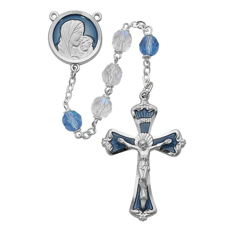 Mother and Child Blue and Crystal Rosary - Gift Boxed