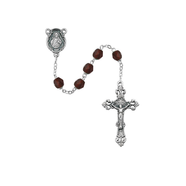 6mm Dark Red Glass January Rosary Silver Oxidized 1 - Gift Boxed