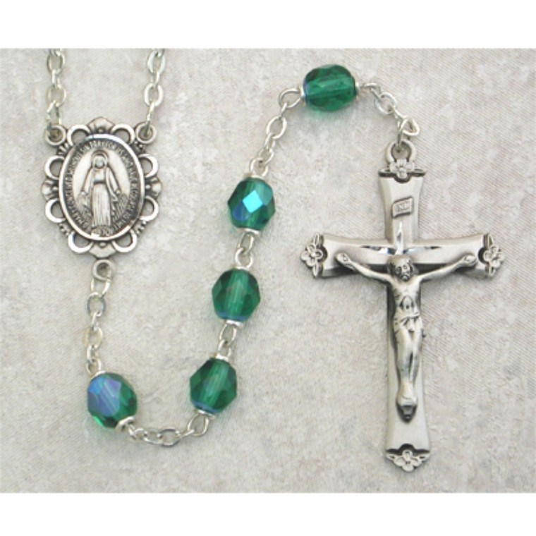 6mm Dark Green Glass May Rosary Sterling Silver - Gift Boxed