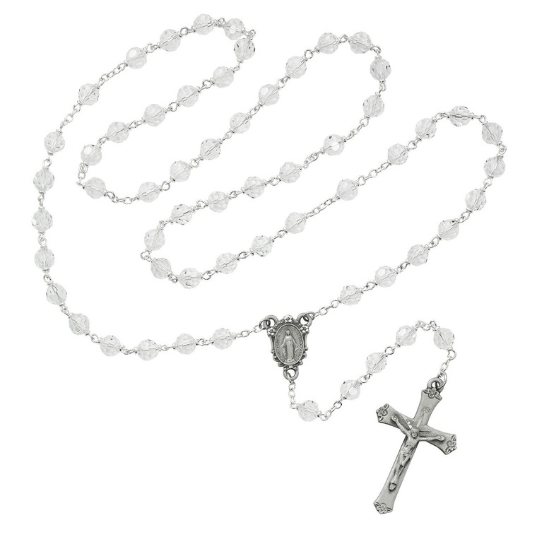 7mm Crystal Tin Cut Rosary Pewter - Gift Boxed