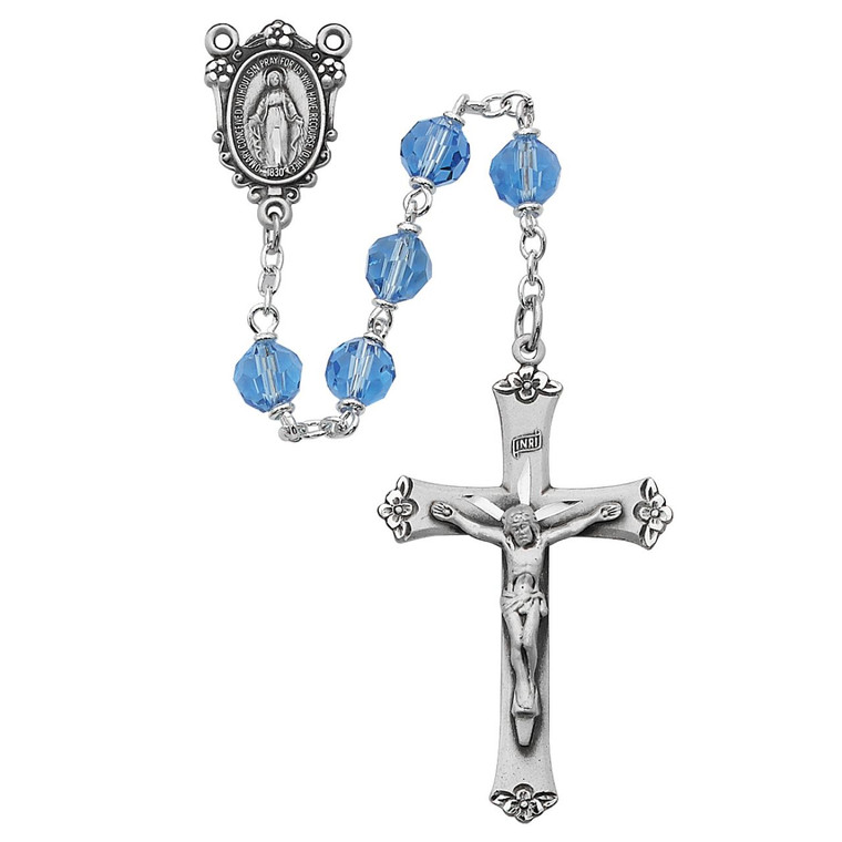 7mm Blue Tin Cut Crystal Rosary Pewter 2 - Gift Boxed