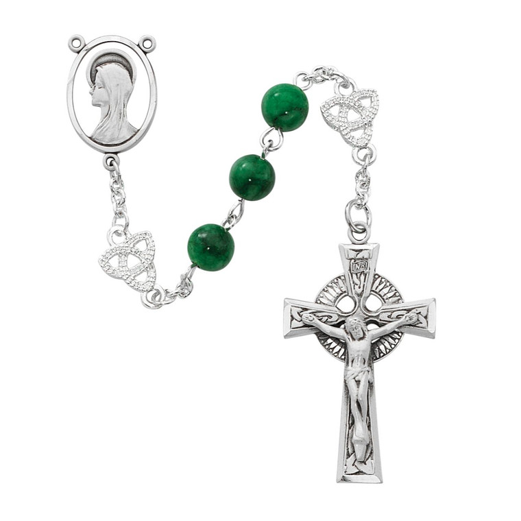 8mm Irish Jade Glass Rosary Silver Oxidized - Gift Boxed