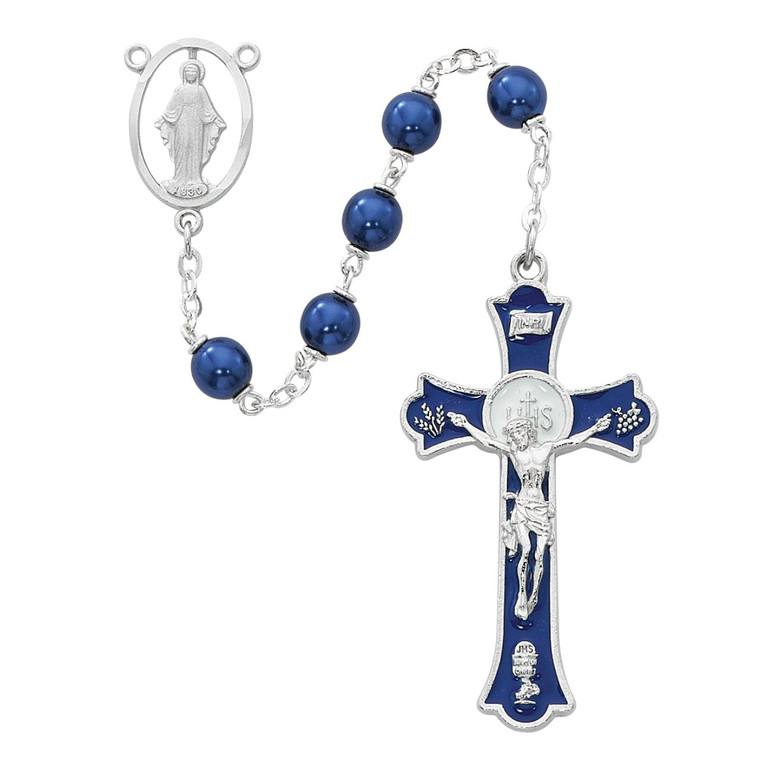 Blue Pearl Holy Mass Crucifix Rosary - Gift Boxed