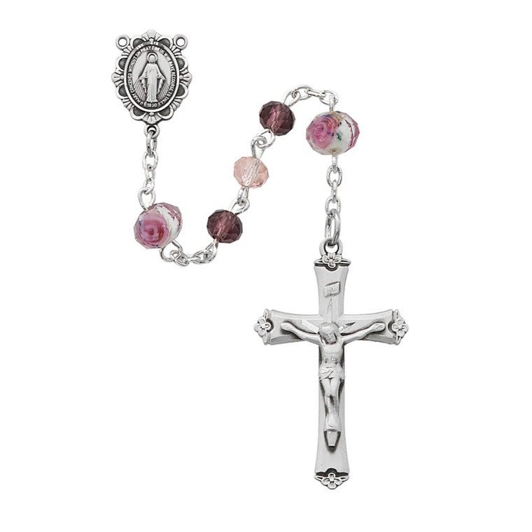 6mm Pink Multi Tin Cut Crystal Rosary Sterling Silver - Gift Boxed