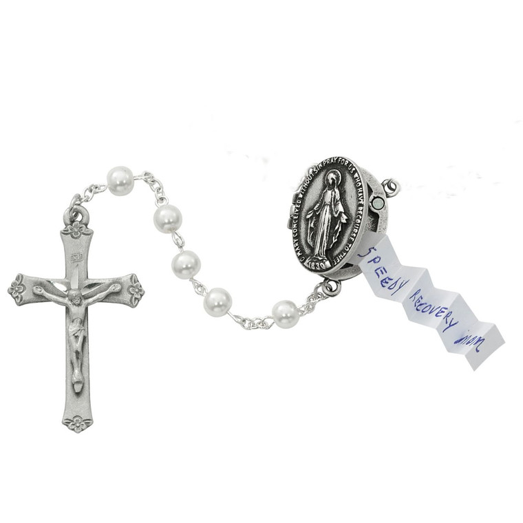 Pearl Prayer Petition Locket Rosary - Gift Boxed