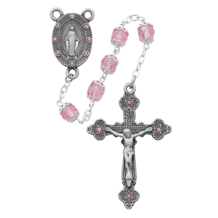 Pink Capped Glass Rosary - Gift Boxed