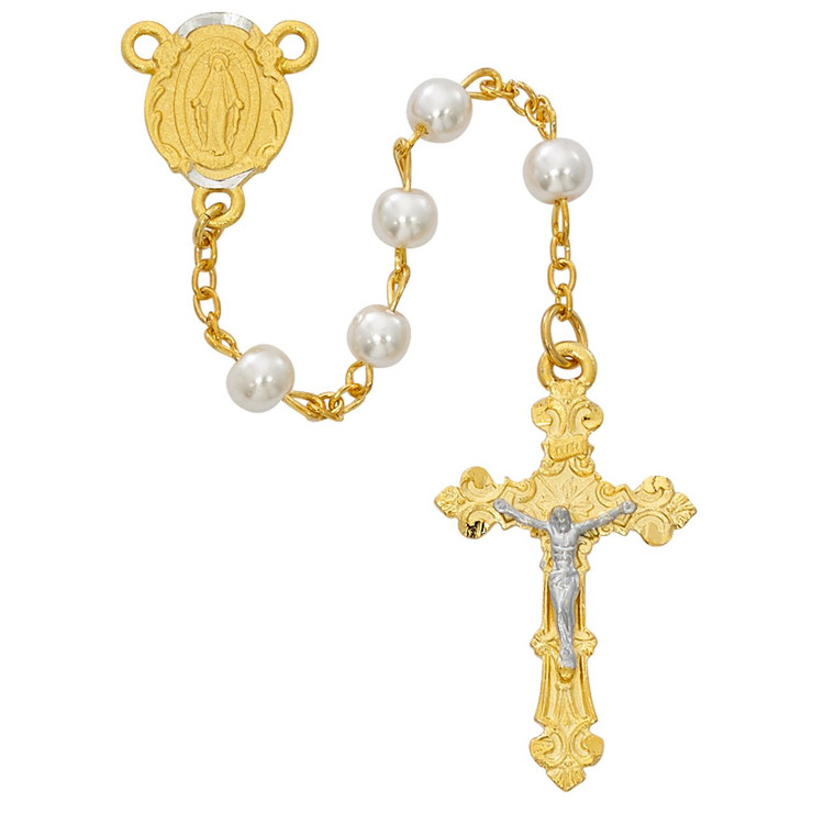 Gold Plated Pearl Glass Rosary - Gift Boxed